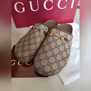 NEW Gucci GG Supreme Mule Slippers · Gold Horsebit · With Box